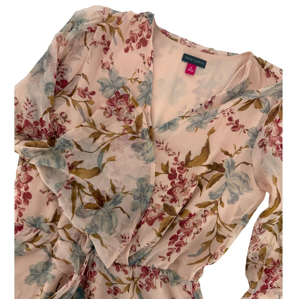 Vince‎ Camuto Pink Floral Chiffon Wrap Blouse Bell Sleeve Peplum Top Fairy Boho